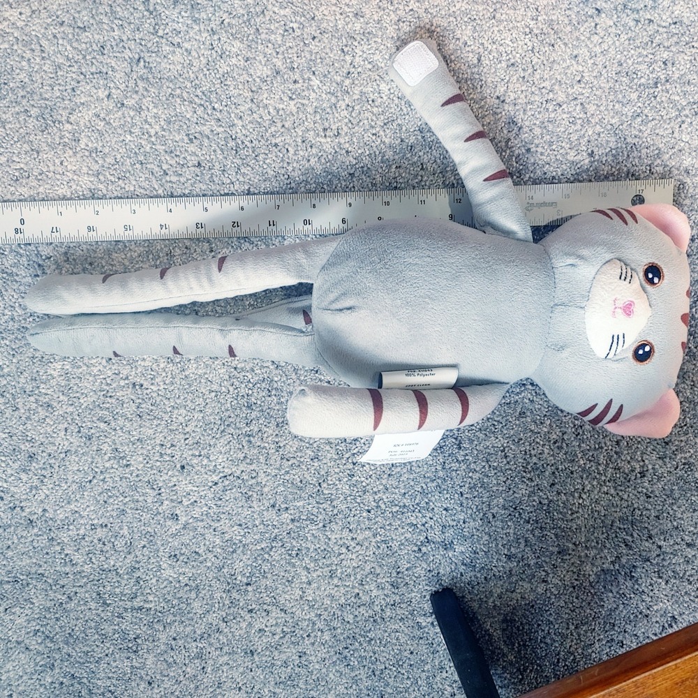 Warm + Cozy Grey Tabby Cat Long Limb Plush Stuffed Animal Velcro Hands Wearable